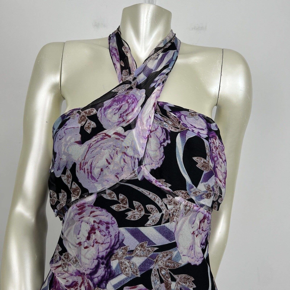Diane Von Furstenberg Silk Dress Black/purple Floral Halter Open Back Sz 8 - Picture 3 of 11
